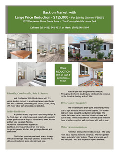 $135,000  2Bdrm /2Bath Double Wide 1050 Sq Ft Mobile Home in a 55+ Senior Mobile Home Park in West Santa Rosa CA